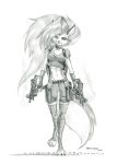  2020 anthro baron_engel bottomwear breasts canid canid_demon canine canis clothing demon dual_wielding female fur gloves graphite_(artwork) gun handwear hellhound helluva_boss hi_res holding_object holding_weapon looking_at_viewer loona_(vivzmind) mammal midriff monochrome pencil_(artwork) ranged_weapon shorts smile solo traditional_media_(artwork) unguligrade_anthro weapon wolf 