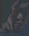  2020 anthro anthro_on_anthro bed disney duo ear_markings eyes_closed facial_markings female fur furniture grey_body grey_fur head_markings jack_savage judy_hopps lagomorph leporid male male/female mammal markings on_bed open_mouth open_smile rabbit smile tggeko zootopia 