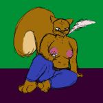  1:1 anthro areola axentooth belt big_areola big_breasts bottomwear breasts brown_body brown_fur cigarette clothed clothing colored_sketch denim denim_clothing female fur illah_(axentooth) jeans leaning lighter mammal mature_female pants rodent sciurid sitting smoke smoking solo topless 