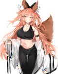  1girl absurdres alternate_costume animal_ear_fluff animal_ears arm_strap bangs bare_shoulders black_bow black_pants blush bow breasts cleavage closed_mouth coat collarbone commentary_request fate/grand_order fate_(series) fox_ears fox_girl fox_tail hair_bow highres large_breasts long_hair long_sleeves looking_at_viewer navel off_shoulder open_clothes open_coat pants pink_hair silver_(chenwen) sports_bra stomach tail tamamo_(fate)_(all) tamamo_no_mae_(fate) thigh_gap track_pants very_long_hair white_coat wide_sleeves yellow_eyes 