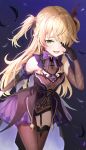  1girl absurdres bangs blonde_hair bodystocking bodysuit bow eyepatch feathers fischl_(genshin_impact) fishnet_bodysuit fishnets garter_straps genshin_impact gloves green_eyes hair_over_one_eye highres long_hair open_mouth purple_bow single_glove single_leg_pantyhose solo two_side_up yearu_(weid) 