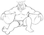  anthro barefoot black_and_white briefs bulge clothed clothing cuffs_(disambiguation) hands_wrapped horn male mammal monochrome pillow rhinocerotoid rocksteady simple_background sketch smile solo teeth_showing thegreatmatsutzu topless underwear white_background 