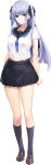  1girl 3: absurdres arms_at_sides bangs black_legwear blue_eyes breasts closed_mouth eyebrows_visible_through_hair full_body game_cg hair_ribbon highres iizuki_tasuku kneehighs large_breasts light_purple_hair loafers long_hair looking_at_viewer midriff navel non-web_source pleated_skirt ribbon school_uniform serafuku shoes sidelocks simple_background skirt solo standing suiren_to_shion tachi-e transparent_background two_side_up wakami_shion 