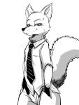  2020 3:4 anthro black_and_white bottomwear canid canine clothed clothing disney fox fully_clothed fur male mammal monochrome necktie nick_wilde pants red_fox shirt simple_background smile solo topwear white_background winick-lim zootopia 