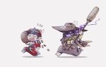  2boys anger_vein black_hair charon_(hades) chibi closed_eyes coin gameplay_mechanics greek_clothes hades_(game) hat head_bump jewelry jiao_mao laurel_crown male_focus multiple_boys oar open_mouth purple_eyes ring robe running sack skull smile zagreus_(hades) 