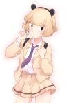  1girl absurdres animal_ears backpack bag bangs black_hairband blazer blonde_hair blunt_bangs brown_eyes charm_(object) collared_shirt commentary_request cowboy_shot fake_animal_ears hairband highres hikaru_(ofuton_at5) holding holding_charm holding_strap jacket looking_at_viewer mouse_ears necktie open_blazer open_clothes open_jacket pleated_skirt purple_neckwear school_uniform shirt shirt_tucked_in short_hair simple_background skirt solo standing uchi_emiri unusually_open_eyes watashi_ga_motenai_no_wa_dou_kangaetemo_omaera_ga_warui! white_background white_shirt yellow_jacket yellow_skirt 