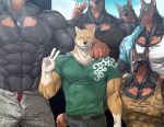  abs anthro arm_around_shoulders bandage bottomwear canid canine canis cigarette clothed clothing dobermann dog_tags domestic_dog eyewear group male mammal mojimojirou muscular nipples open_bottomwear open_clothing open_pants pants peace_symbol pecs pinscher shiba_inu shirt size_difference smile smoking spitz sunglasses t-shirt tank_top topwear 