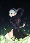  1girl absurdres black_dress black_hairband breasts cleavage cleavage_cutout clothing_cutout commentary dress field flower flower_field hairband hapegi highres light_particles medium_breasts mole mole_under_eye nier_(series) nier_automata open_hand pose short_hair smile solo v white_flower white_hair yorha_no._2_type_b 