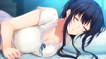  1girl black_hair blurry breasts cleavage closed_eyes covered_nipples depth_of_field game_cg highres iizuki_tasuku lace_trim large_breasts long_hair night no_bra non-web_source parted_lips sidelocks sleeping solo suiren_to_shion sweat upper_body wakami_suiren 