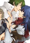  2boys arm_around_back armor assassin_cross_(ragnarok_online) bangs bare_chest black_gloves blue_hair brown_gloves closed_eyes collarbone commentary_request eremes_guile eyebrows_visible_through_hair eyes_visible_through_hair fingerless_gloves gauntlets gloves green_hair hair_between_eyes high_collar holding_hands howard_alt-eisen jewelry long_hair long_sleeves looking_at_viewer multiple_boys necklace open_mouth pauldrons pendant ragnarok_online red_eyes red_scarf scarf short_hair shoulder_armor simple_background sptbird standing torn_scarf upper_body vest white_background white_vest whitesmith_(ragnarok_online) yaoi 