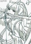  1girl animal_ear_fluff animal_ears arknights arrow_(projectile) bangs bow_(weapon) commentary_request drawing_bow grey_background highres holding holding_bow_(weapon) holding_weapon long_hair long_sleeves looking_at_viewer midriff monochrome nairobi_song navel platinum_(arknights) simple_background solo stomach tail upper_body weapon 