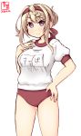  1girl alternate_costume artist_logo blonde_hair braid braided_bangs braided_bun breasts buruma commentary_request cowboy_shot dated disconnected_mouth gym_shirt gym_uniform hand_on_hip hands_on_own_chest highres kanon_(kurogane_knights) kantai_collection looking_at_viewer medium_breasts name_tag perth_(kantai_collection) purple_eyes red_buruma shirt short_hair short_sleeves simple_background solo standing t-shirt white_background white_shirt 