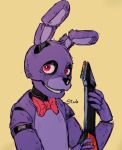  2020 animatronic anthro black_nose bonnie_(fnaf) bow_tie dipstick_ears fingers five_nights_at_freddy&#039;s guitar half-closed_eyes hi_res lagomorph leporid machine male male_(lore) mammal multicolored_ears musical_instrument narrowed_eyes plucked_string_instrument purple_body rabbit robot simple_background skeletoninthemelonland smile solo standing string_instrument video_games yellow_background 