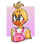  2019 alpha_channel anthro avian beak bird blue_eyes chicken clothing eyebrows eyelashes feathers female five_nights_at_freddy&#039;s five_nights_at_freddy&#039;s_2 galliform gallus_(genus) jack-o-chica_(artist) overalls phasianid pink_background pink_cheeks shirt simple_background smile solo topwear toy_chica_(fnaf) transparent_background video_games yellow_body yellow_feathers 