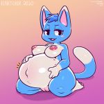  1:1 2020 animal_crossing anthro belly big_belly big_breasts blue_body blue_fur breasts digital_media_(artwork) domestic_cat english_text felid feline felis female frumples fur genitals hair half-closed_eyes hi_res humanoid_genitalia looking_at_viewer mammal multi_nipple multicolored_body multicolored_fur narrowed_eyes navel nintendo nipples nude open_mouth outie_navel pawpads paws pregnant pussy rosie_(animal_crossing) signature simple_background solo text tongue two_tone_body two_tone_fur video_games white_body white_fur 