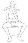  anthro asian_clothing barefoot black_and_white breath_of_fire bulge capcom clothed clothing east_asian_clothing fundoshi furniture hair hand_on_chin japanese_clothing long_hair male monochrome object_in_mouth scias simple_background sitting sketch skinny_male solo stool thegreatmatsutzu thinking_pose topless underwear video_games white_background 