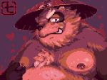  2020 4:3 anthro belly biped brown_body brown_fur canid canine clothing fur hat headgear headwear humanoid_hands kemono male mammal nanadragon4 nipples overweight overweight_anthro raccoon_dog simple_background solo tanuki text 