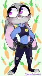  2020 absurd_res anthro belt buckteeth clothed clothing disney english_text female full-length_portrait fully_clothed fur grey_body grey_fur hi_res judy_hopps lagomorph leporid mammal portrait purple_eyes rabbit smile solo standing t-whiskers teeth text zootopia 