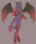  anthro black_eyes bodily_fluids clothed clothing demon domestic_cat drooling english_text feathered_wings feathers felid feline felis female flying fur gesture grey_background hair hi_res horn ineffective_clothing kemono leg_markings mammal markings mikeyama off_shoulder panties purple_body purple_fur purple_hair red_body red_fur ribbons saliva scarf simple_background skimpy smile socks_(marking) solo sweater text tongue tongue_out topwear underwear v_sign wings 