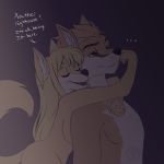  1:1 anthro black_nose blonde_hair blue_eyes bodily_fluids breasts canid canine chet_(ramjet556) dark_room dialogue duo eyes_closed female fox fur hair hi_res hug hugging_from_behind lexi_sermont long_hair male male/female mammal neck_hug nude orange_body orange_fur orange_hair short_hair side_boob sinamuna sweat tired_eyes watermark yellow_body yellow_fur 