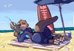  2020 ambient_gull anthro beach breasts brown_body butt clothing dascarl day female holding_object holding_weapon lutrine mammal mustelid one_eye_closed outside sand seaside skinsuit smile solo surfboard tight_clothing tongue tongue_out vehicle water watercraft weapon 