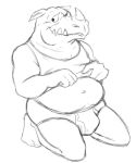  anthro black_and_white briefs bulge clothing holding_shirt looking_down male mammal monochrome overweight overweight_anthro overweight_male rhinocerotoid rocksteady shirt simple_background sketch smile solo tank_top teeth_showing thegreatmatsutzu topwear tusks underwear white_background 