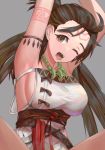 1girl armpits arms_up bare_shoulders body_markings breasts brown_eyes brown_hair dolce_(dolsuke) dress facial_mark fate/grand_order fate_(series) forehead forehead_mark head_tilt highres himiko_(fate) large_breasts long_hair looking_at_viewer magatama magatama_necklace one_eye_closed sash sideboob squatting tearing_up thighs topknot twintails white_dress yawning 