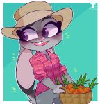  2020 absurd_res anthro basket blush border bottomwear buckteeth carrot clothed clothing disney female food fully_clothed fur grey_body grey_fur hat headgear headwear hi_res holding_object judy_hopps lagomorph leporid mammal open_mouth open_smile pants plant rabbit shirt simple_background smile solo t-whiskers teeth topwear vegetable white_border zootopia 