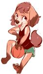  2020 anthro ball basketball_(ball) bottomwear canid canine canis clothed clothing domestic_dog female floppy_ears fully_clothed hi_res looking_at_viewer mammal pawpads shirt shorts simple_background sitting solo tank_top tohupo tongue tongue_out topwear white_background 