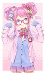  1girl absurdres alternate_costume alternate_hairstyle blush candy_hair_ornament commentary_request crown double_bun food_themed_hair_ornament glasses hair_ornament highres himemori_luna hololive looking_at_viewer mkn00000000 pink_hair school_uniform simple_background smile solo virtual_youtuber 