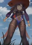  1girl absurdres ass_visible_through_thighs blue_eyes blue_sky bodysuit breasts brown_legwear cape cloud darcy_(pixiv11949485) day detached_sleeves from_below genshin_impact grass hat highres leotard long_hair looking_at_viewer mona_(genshin_impact) outdoors pantyhose purple_hair sky small_breasts solo standing twintails witch_hat 