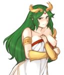  1girl absurdres armlet bangs blush bracelet breasts collarbone covering covering_breasts dress ears embarrassed forehead_jewel frown green_eyes green_hair highres jewelry kid_icarus kid_icarus_uprising large_breasts laurel_crown long_hair looking_at_viewer nipples one_breast_out palutena parted_bangs side_slit sketch solo swept_bangs tiara transparent_background tridisart vambraces white_dress 