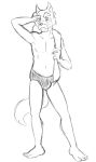  age_difference anthro barefoot beard black_and_white bulge canid canine clothed clothing colored_swimwear facial_hair holding_towel male mammal monochrome mustache navel older_male simple_background sketch solo speedo swimwear thegreatmatsutzu topless towel white_background 