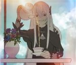  1girl bangs black_capelet black_dress butterfly_hair_ornament capelet chair cloud cup dress echidna_(re:zero) flower grin hair_ornament highres long_hair long_sleeves pouring purple_eyes re:zero_kara_hajimeru_isekai_seikatsu sidelocks sitting sky smile solo table teacup teapot vase white_eyelashes white_hair wuokb 