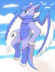  2020 4_toes 5_fingers absurd_res anthro blue_eyes day detailed_background digital_media_(artwork) dragon feathered_wings feathers fingers fur furred_dragon hair hi_res male outside purple_body purple_feathers purple_fur purple_hair sky smile solo toes vennightsky wings 