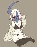  absol anthro blue_body blue_skin bra breasts cleavage clothed clothing female fur gesture grey_background hair hi_res kemono legwear lingerie mammal mikeyama nintendo on_ground open_sweater panties pantyhose pantyhose_down partially_clothed pok&eacute;mon pok&eacute;mon_(species) pok&eacute;morph red_eyes simple_background sitting smile solo sweater topwear underwear video_games waving white_body white_fur white_hair 