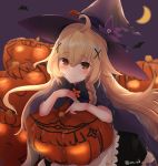  1girl atsajh blonde_hair brown_eyes crescent_moon flower_knight_girl halloween hat highres jack-o&#039;-lantern kuko_(flower_knight_girl) leaning_forward looking_at_viewer moon smile solo witch_hat 