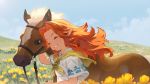  1girl animal arm_up blanco026 blue_eyes blue_sky brown_hair child closed_eyes cloud commentary day dress epona field flower highres horse long_hair malon orange_hair outdoors parted_lips pointy_ears short_sleeves sky smile solo teeth the_legend_of_zelda the_legend_of_zelda:_ocarina_of_time upper_body white_dress yellow_flower 