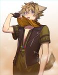  1boy animal_ears arm_at_side bangs black_gloves black_vest blonde_hair blue_eyes blush brown_hair brown_shirt collarbone commentary_request fingerless_gloves gloves hair_between_eyes hand_up highres hyena_boy hyena_ears hyena_tail looking_at_viewer male_focus nanin open_clothes open_mouth open_vest ruggie_bucchi scarf shirt short_hair short_sleeves smile solo sweat tail twisted_wonderland upper_body vest 