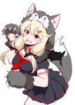  1girl black_ribbon black_serafuku black_skirt blonde_hair commentary_request cowboy_shot gloves hair_flaps hair_ornament hair_ribbon hairclip highres kantai_collection kirigakure_(kirigakure_tantei_jimusho) long_hair looking_at_viewer neckerchief paw_gloves paws pleated_skirt red_eyes red_neckwear remodel_(kantai_collection) ribbon sailor_collar school_uniform serafuku simple_background skirt solo tail tress_ribbon white_background white_sailor_collar wolf_hood wolf_tail yuudachi_(kantai_collection) 