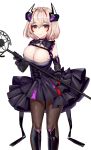  1girl absurdres alternate_costume azur_lane black_dress boots breasts cleavage_cutout clothing_cutout dress eyebrows_visible_through_hair highres holding holding_microphone_stand knee_boots large_breasts light_brown_eyes light_brown_hair medium_hair microphone_stand multicolored_hair pantyhose red_hair roon_(azur_lane) roon_(muse)_(azur_lane) she_taizi simple_background solo streaked_hair white_background wing_collar 