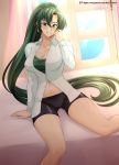  1girl absurdres artist_name ass_visible_through_thighs bed bike_shorts breasts cleavage collarbone commentary earrings eyebrows_visible_through_hair fire_emblem green_eyes green_hair hair_between_eyes highres jewelry large_breasts long_hair long_sleeves looking_at_viewer lyn_(fire_emblem) navel parted_lips patreon_username ponytail shirt sitting smile solo teeth undershirt very_long_hair vilde_loh_hocen watermark window 