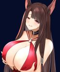  1girl absurdres akagi_(azur_lane) akagi_(blushing_intoxication)_(azur_lane) animal_ears azur_lane bangs blue_background blush breast_hold breasts brown_hair center_opening cleavage closed_mouth commentary covered_nipples criss-cross_halter detached_collar dress eyebrows_visible_through_hair fox_ears halterneck highres huge_breasts lips long_hair looking_at_viewer o-ring o-ring_dress parted_bangs red_dress red_eyes simple_background smile solo straight_hair upper_body yomare 