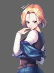  android_18 belt blonde_hair blue_eyes blue_jacket blue_skirt brown_belt closed_mouth dated dragon_ball dragon_ball_z finger_to_mouth from_side grey_background hair_intakes highres index_finger_raised ioverain7777 jacket long_shirt long_sleeves looking_at_viewer open_clothes open_jacket shiny shiny_hair short_hair signature simple_background skirt smile twitter_username 