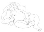  anthro asian_clothing black_and_white blep bulge clothing east_asian_clothing facial_hair fundoshi hachimaki hand_on_bulge japanese_clothing kouglof male monochrome musclegut mustache nipples pillow simple_background sketch solo thegreatmatsutzu tongue tongue_out underwear white_background 