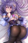  1girl ame_sagari ass bare_shoulders bed_sheet black_gloves braid breasts brown_legwear commentary_request detached_sleeves dress fine_fabric_emphasis genshin_impact gloves hair_ornament keqing long_hair looking_at_viewer looking_back lying medium_breasts on_stomach pantyhose parted_lips pink_eyes purple_dress purple_hair short_dress solo thighband_pantyhose twintails 
