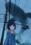  1girl absurdres bangs black_hair blue_coat blue_sky blunt_bangs cityscape cloud coat collarbone commentary flying_whale fur-trimmed_coat fur_trim highres nishikino_kee original outdoors red_eyes sky traffic_light upper_body urban utility_pole whale 