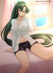  1girl absurdres artist_name ass_visible_through_thighs bed bike_shorts breasts cleavage collarbone commentary earrings eyebrows_visible_through_hair fire_emblem green_eyes green_hair hair_between_eyes highres jewelry large_breasts long_hair long_sleeves looking_at_viewer lyn_(fire_emblem) navel patreon_username ponytail shirt sitting smile solo very_long_hair vilde_loh_hocen watermark window 