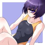  1girl bare_arms border breasts closed_mouth collarbone cyclops kouda_tomohiro looking_at_viewer manako monster_girl monster_musume_no_iru_nichijou one-eyed one-piece_swimsuit purple_eyes purple_hair short_hair small_breasts smile solo swimsuit white_border 