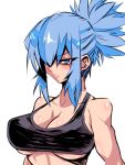  1girl bangs bare_shoulders black_tank_top blue_eyes blue_hair breasts cleavage jin_(mugenjin) large_breasts leona_heidern military one_eye_covered ponytail serious short_ponytail simple_background solo tank_top the_king_of_fighters white_background 